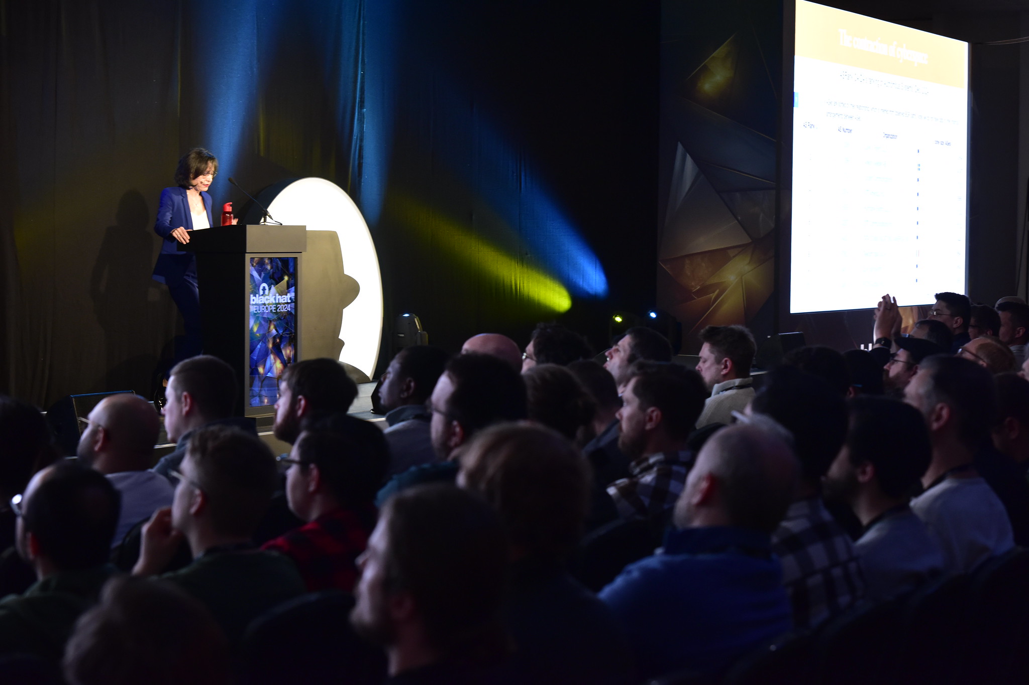 Photo of a speaker on stage in front of a crowd during Black Hat Europe